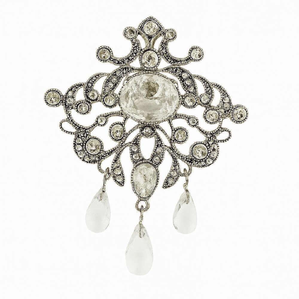 Vintage Monet Clear Crystal Teardrop Silver Victorian Brooch